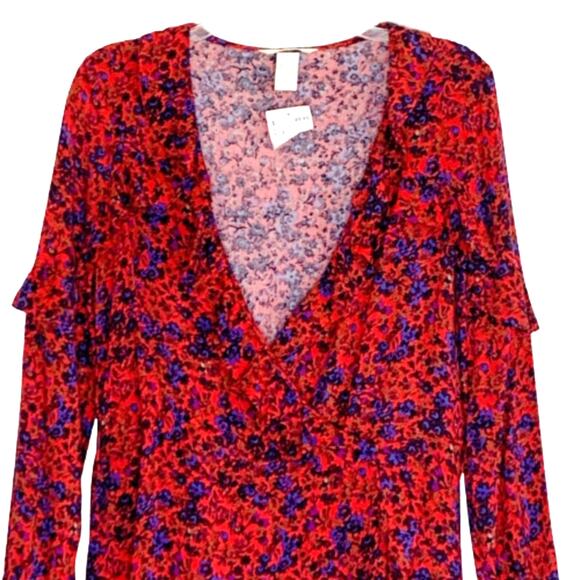 H & M Dress Red Floral Faux Wrap Ruffled Sleeves Ruffled Trim Dress Size 2 NEW - Picture 3 of 16